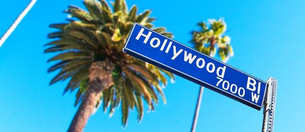 Hollywood Boulevard Strassenschild und Palmen in Los Angeles